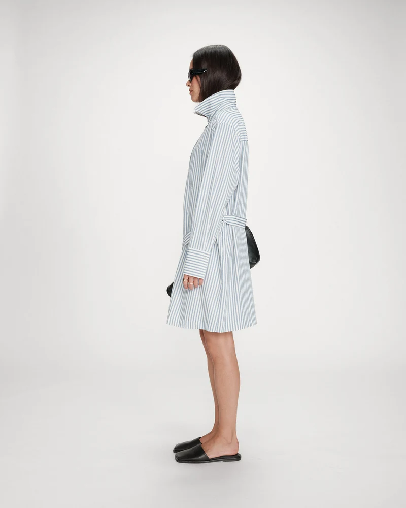 Robe chemise courte à rayures ceinturée bleuet Visery