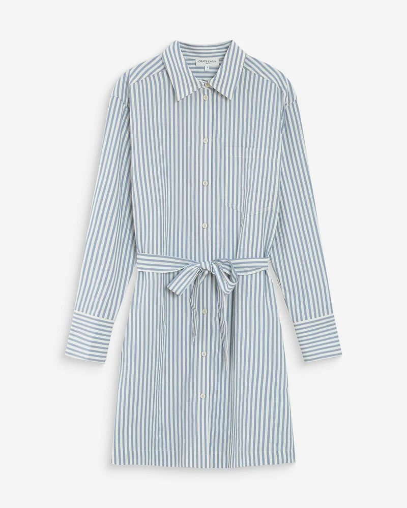 Robe chemise courte à rayures ceinturée bleuet Visery
