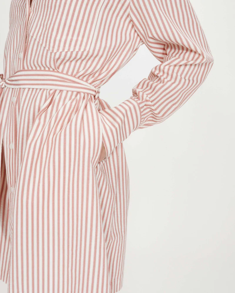 Robe chemise courte à rayures ceinturée corail Visery