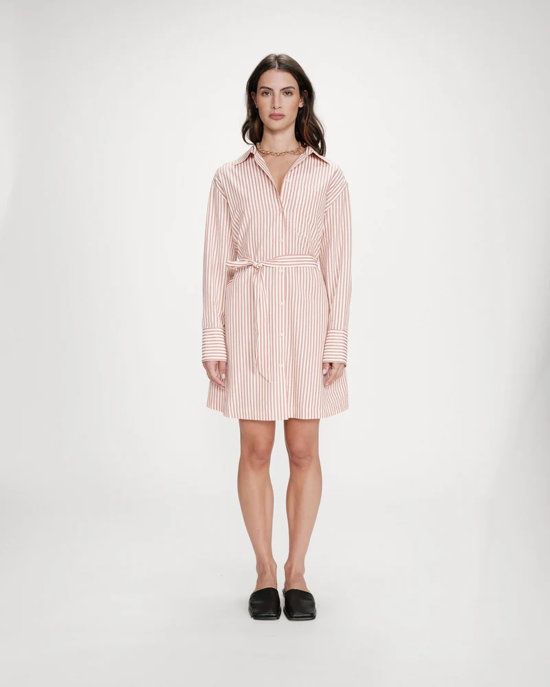 Robe chemise courte à rayures ceinturée corail Visery