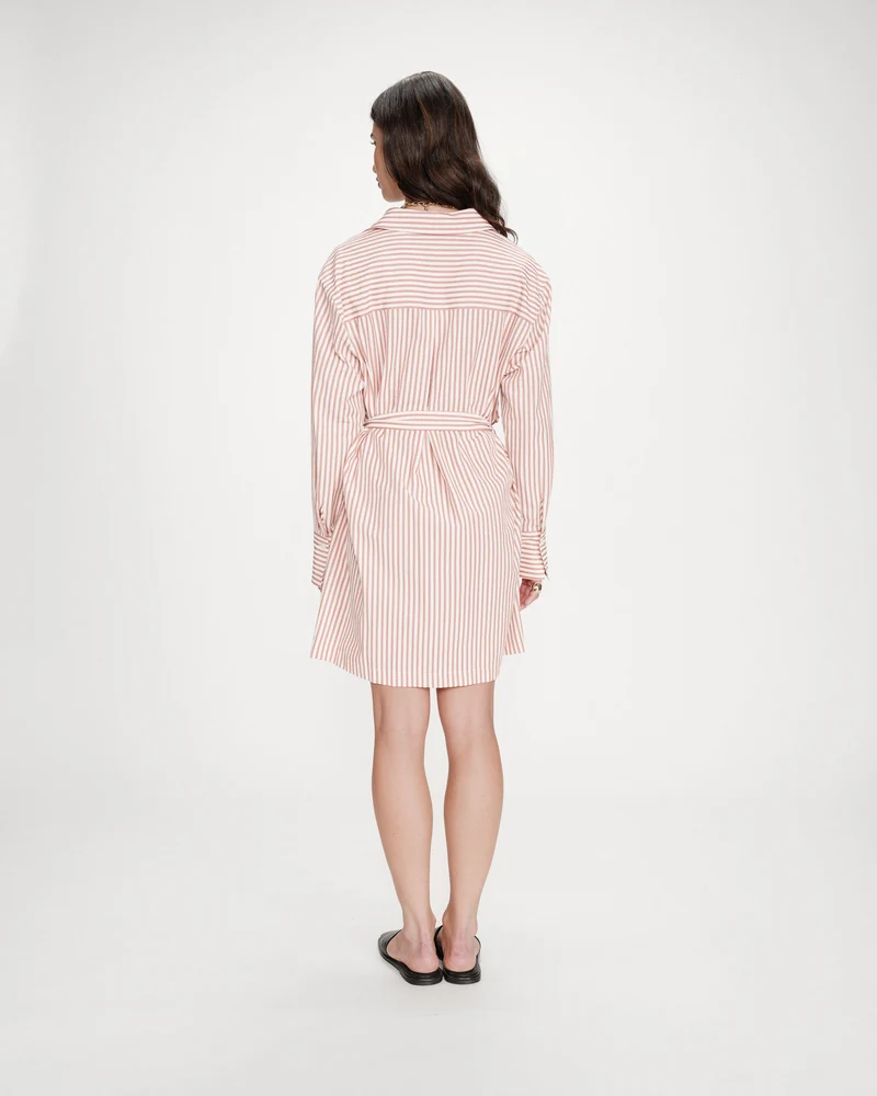 Robe chemise courte à rayures ceinturée corail Visery