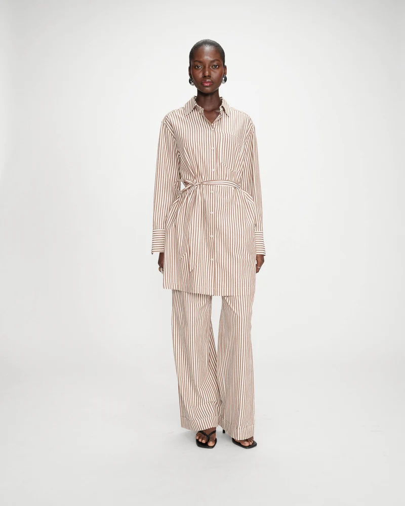 Robe chemise courte à rayures ceinturée mocha Visery