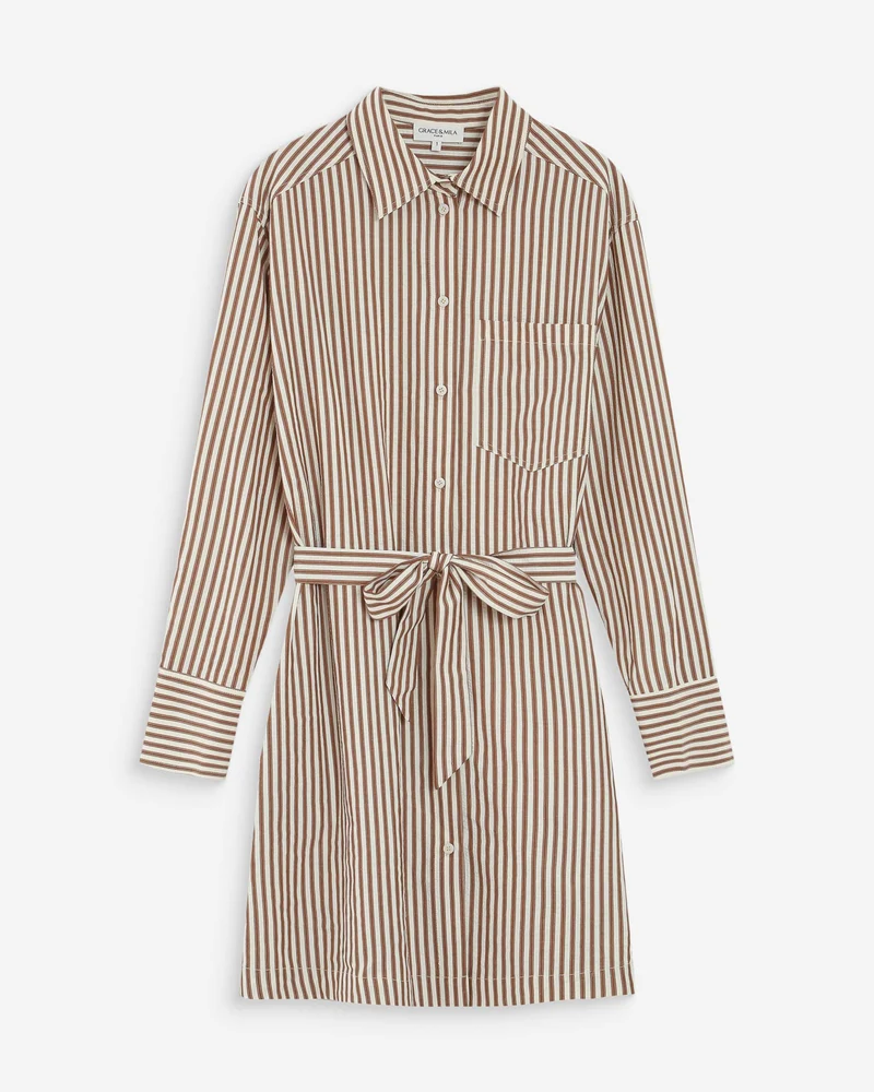 Robe chemise courte à rayures ceinturée mocha Visery