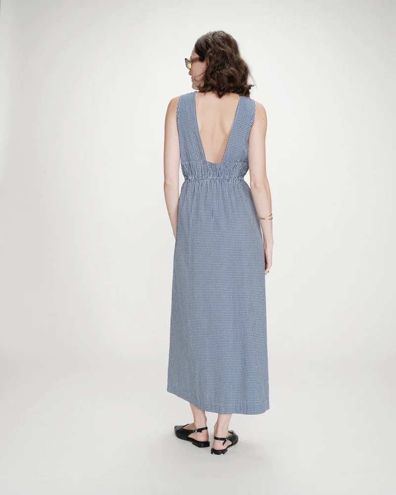 Robe longue à carreaux en coton col V marine Velmira