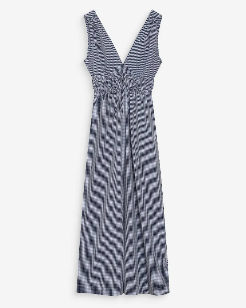 Robe longue à carreaux en coton col V marine Velmira