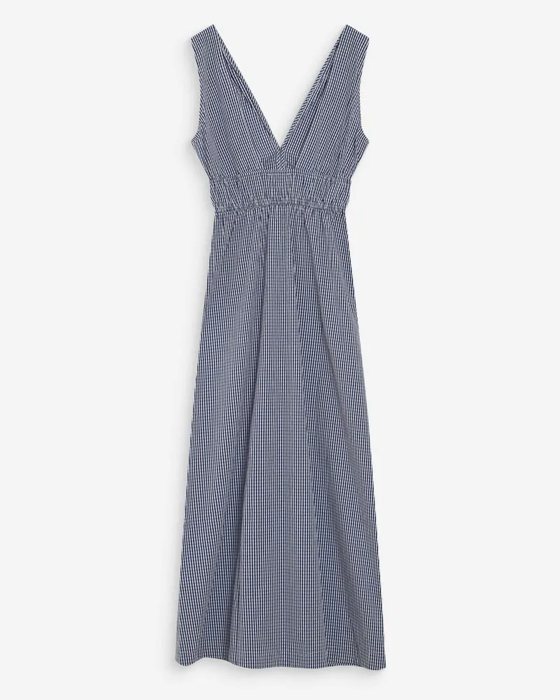 Robe longue à carreaux en coton col V marine Velmira