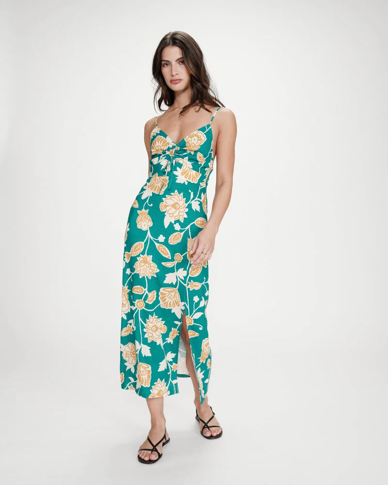 Robe longue à fleurs dos nu bretelles à nouer vert Velyssa