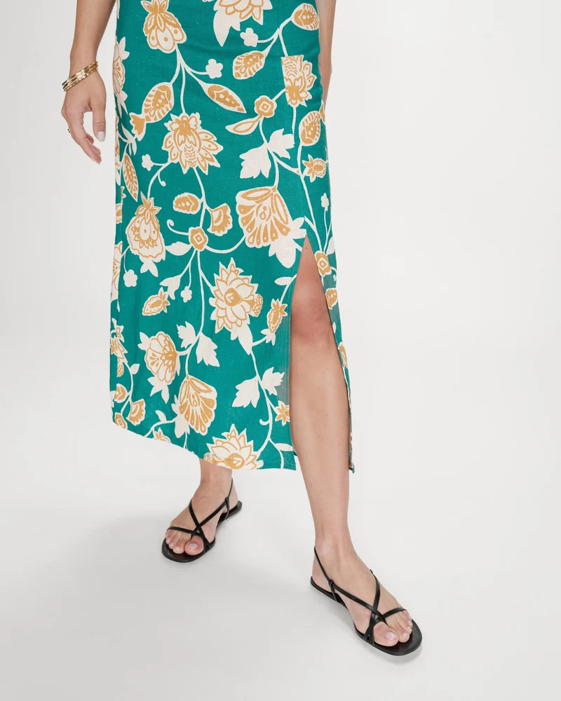Robe longue à fleurs dos nu bretelles à nouer vert Velyssa