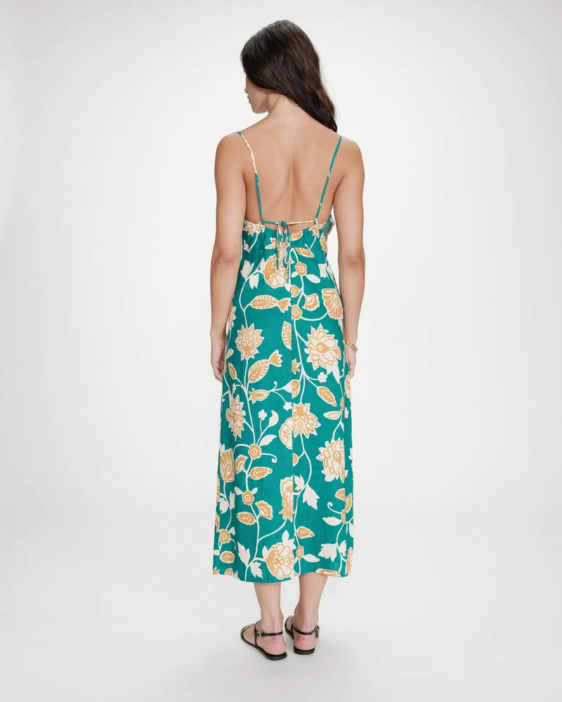Robe longue à fleurs dos nu bretelles à nouer vert Velyssa