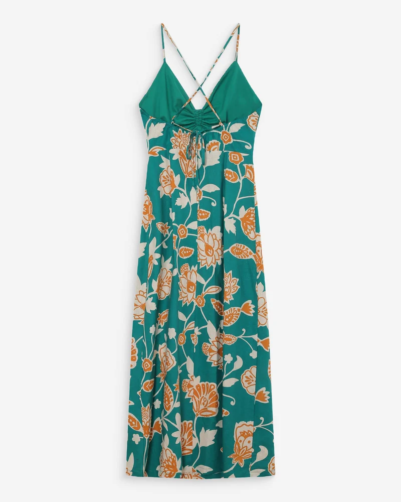 Robe longue à fleurs dos nu bretelles à nouer vert Velyssa