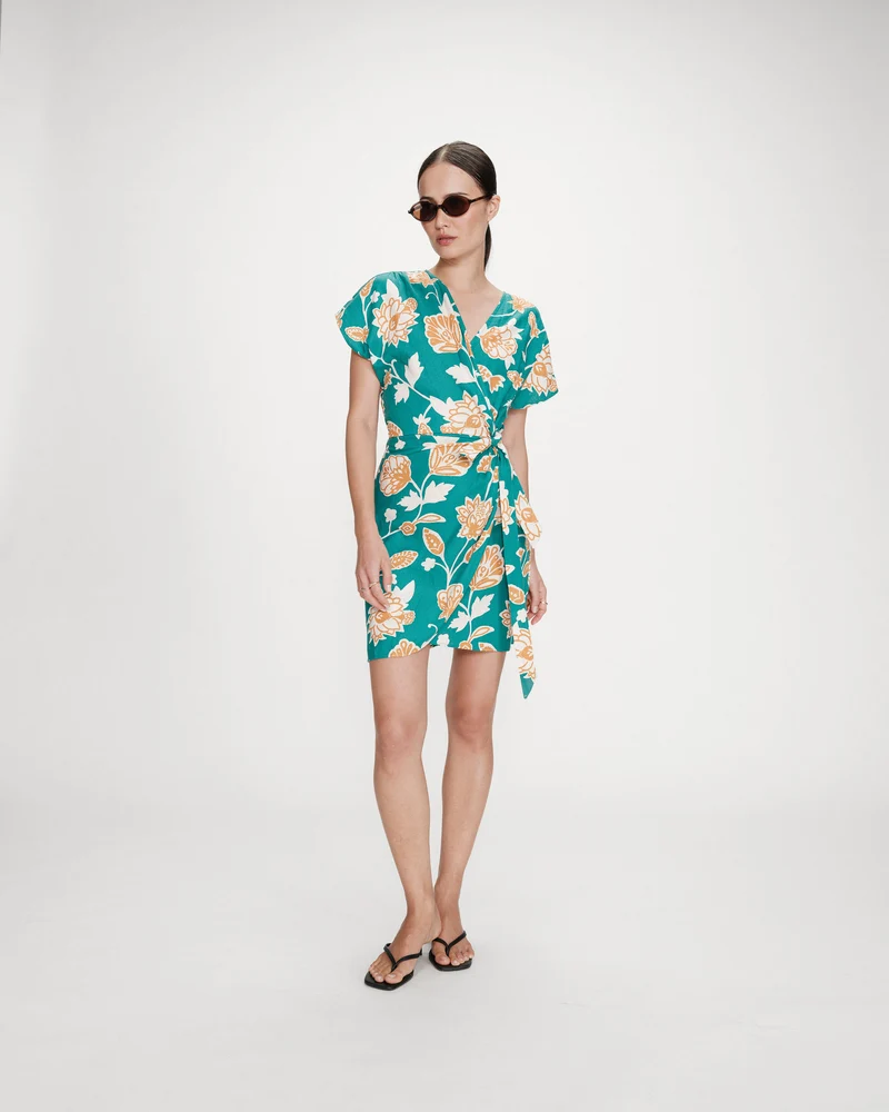 Robe courte portefeuille à fleurs vert Velora