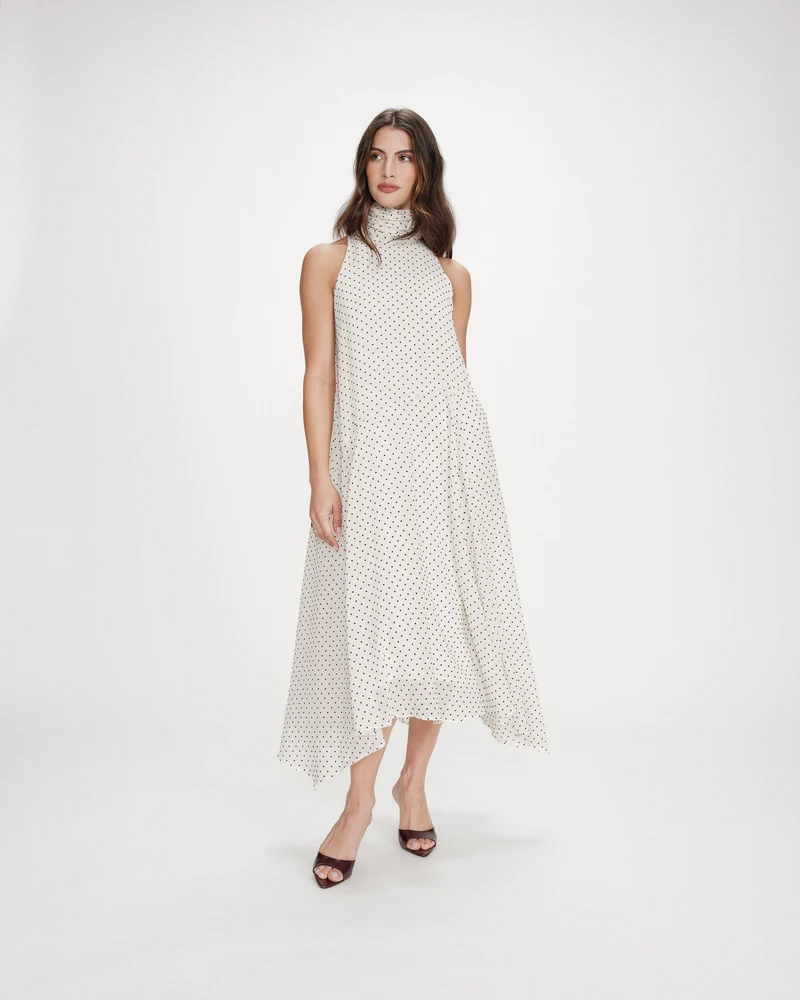 Robe longue fluide à pois col montant à nouer ivoire Valoria