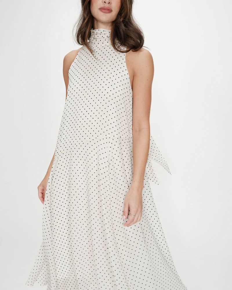 Robe longue fluide à pois col montant à nouer ivoire Valoria