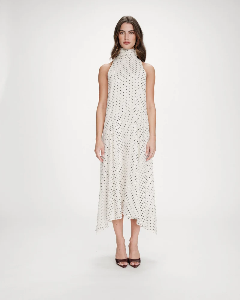 Robe longue fluide à pois col montant à nouer ivoire Valoria