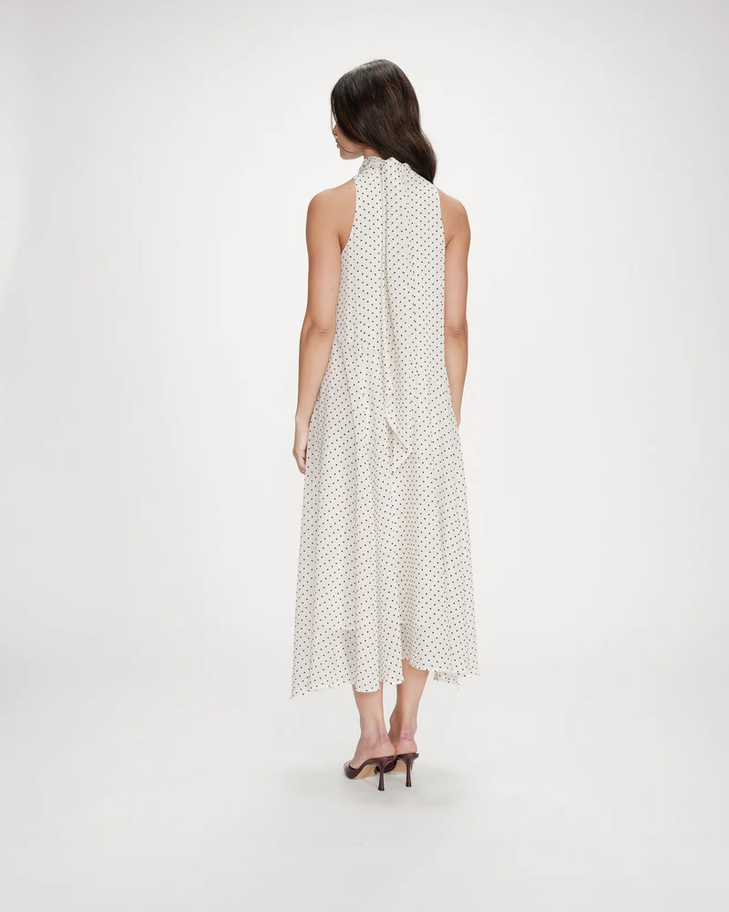 Robe longue fluide à pois col montant à nouer ivoire Valoria