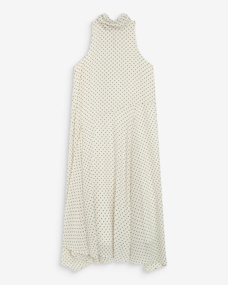 Robe longue fluide à pois col montant à nouer ivoire Valoria