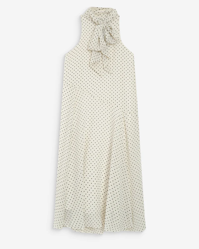 Robe longue fluide à pois col montant à nouer ivoire Valoria
