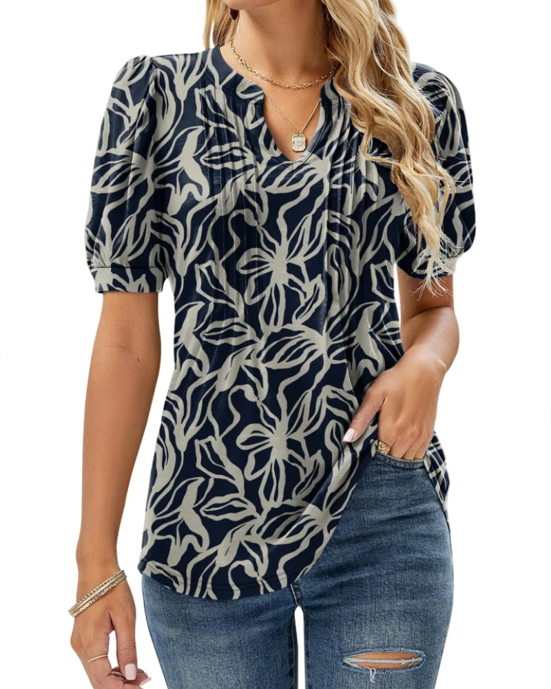 Nina Blouse Femme Été – Col V Fleuri Manches Bouffantes & Coupe Fluide