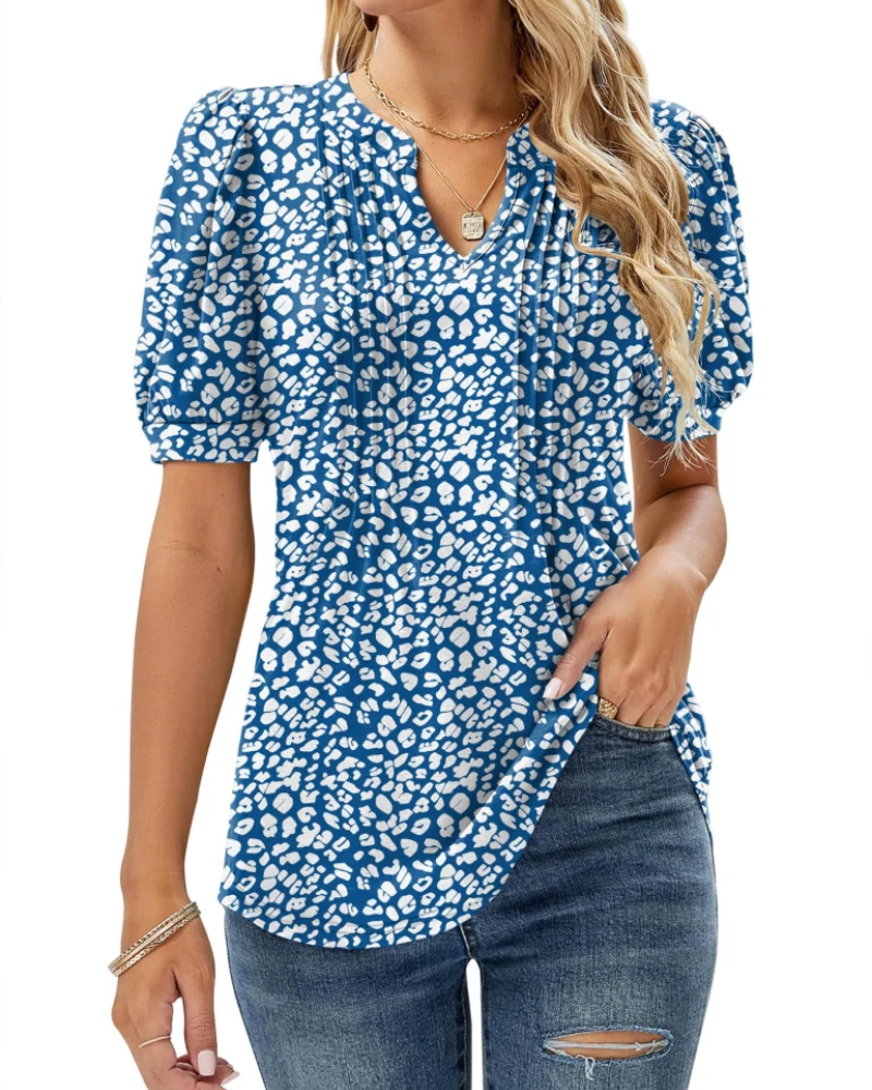 Nina Blouse Femme Été – Col V Fleuri Manches Bouffantes & Coupe Fluide