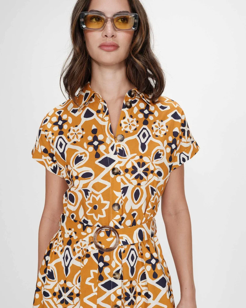 Robe longue imprimée en coton col chemise cognac Virginia