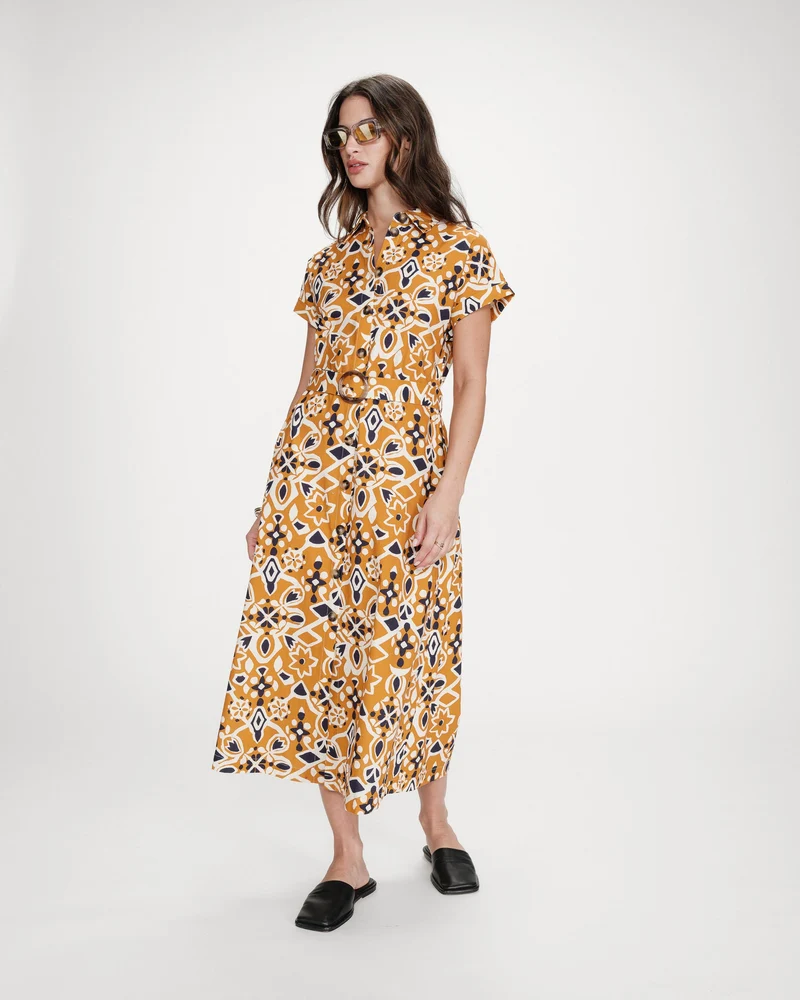 Robe longue imprimée en coton col chemise cognac Virginia