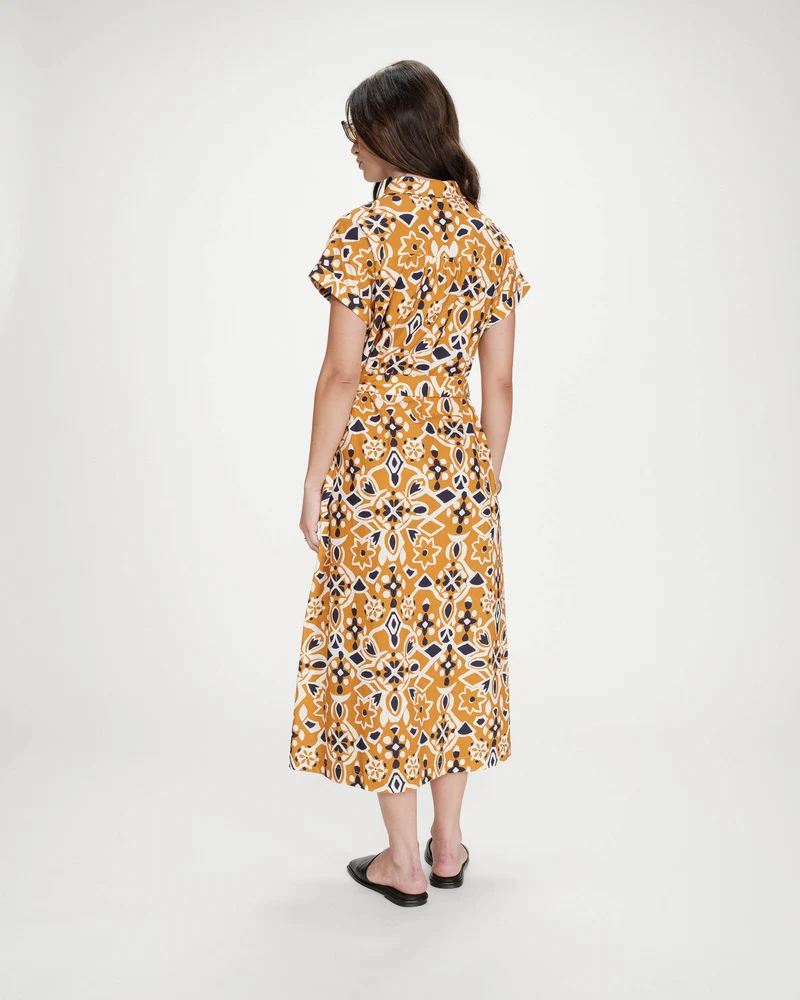 Robe longue imprimée en coton col chemise cognac Virginia