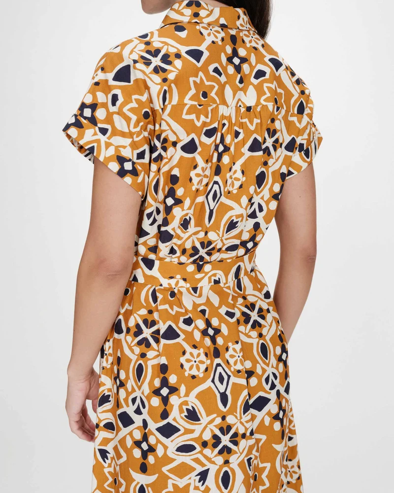 Robe longue imprimée en coton col chemise cognac Virginia