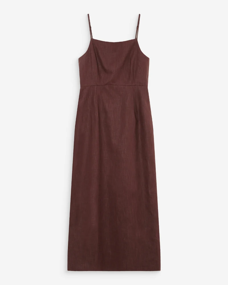 Robe longue en lin ajustée col carré chocolat Veranys
