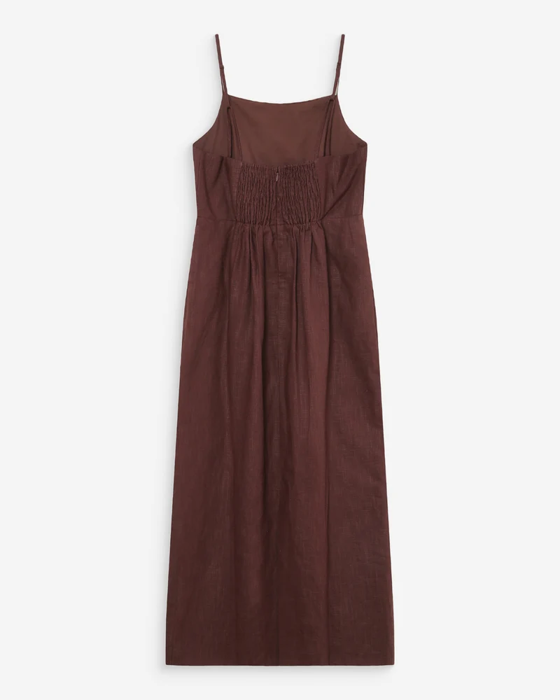 Robe longue en lin ajustée col carré chocolat Veranys