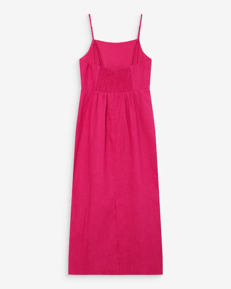 Robe longue en lin ajustée col carré fuchsia Veranys