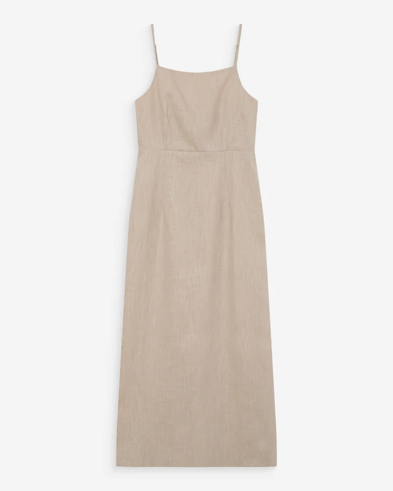Robe longue en lin ajustée col carré sable Veranys