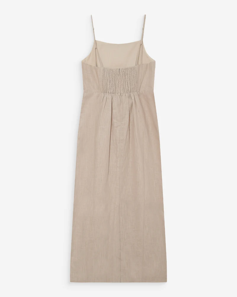 Robe longue en lin ajustée col carré sable Veranys