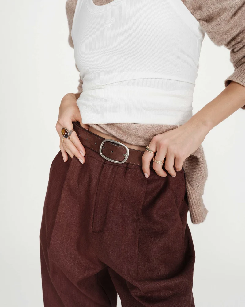 Ceinture en suède à boucle métal argenté chocolat Vikander