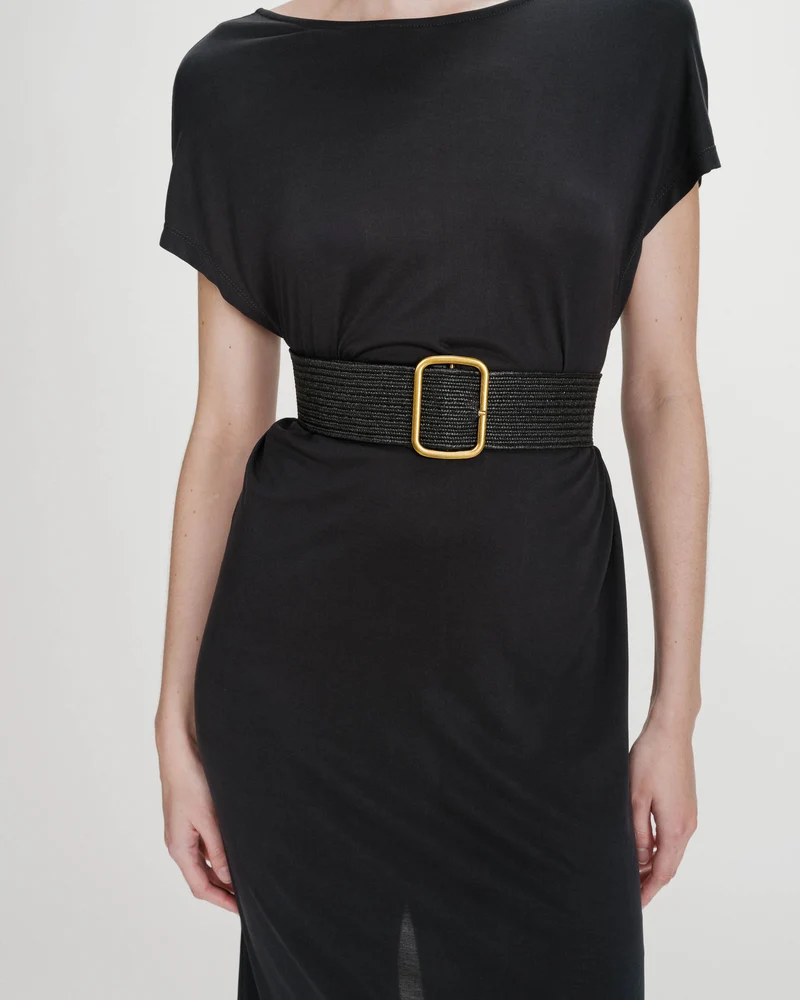 Ceinture tissée boucle carrée dorée noir Popcorn