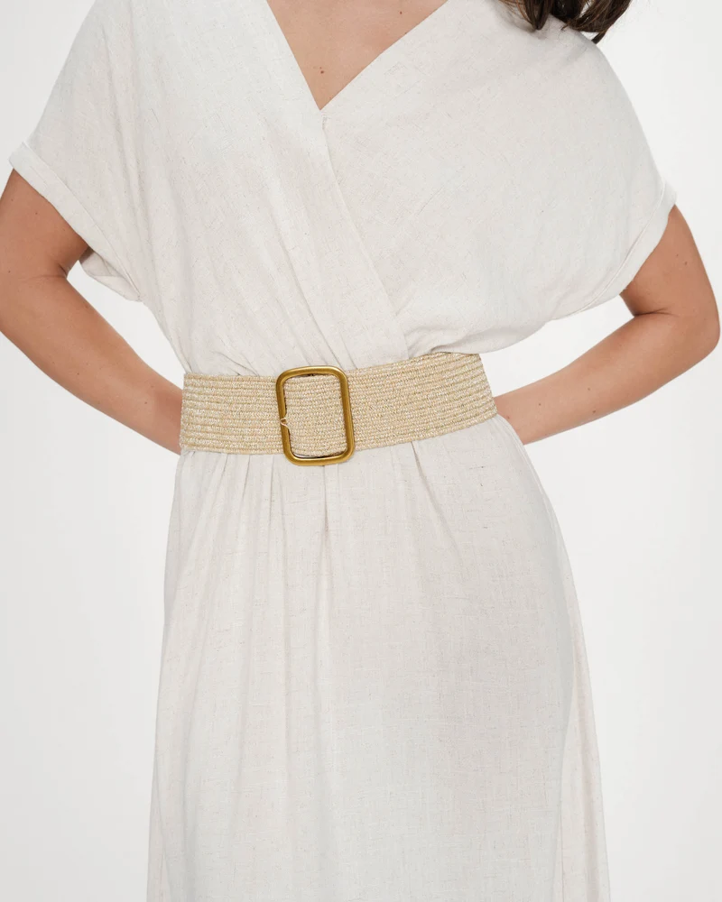 Ceinture tissée boucle carrée dorée sable Popcorn