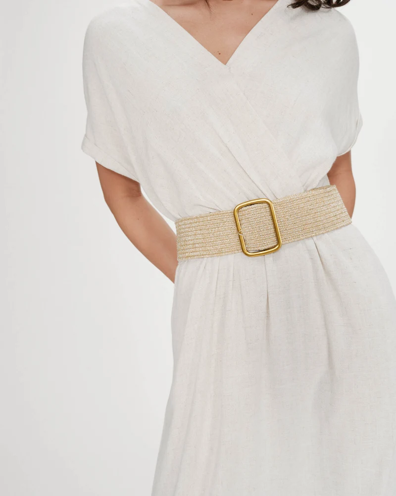 Ceinture tissée boucle carrée dorée sable Popcorn