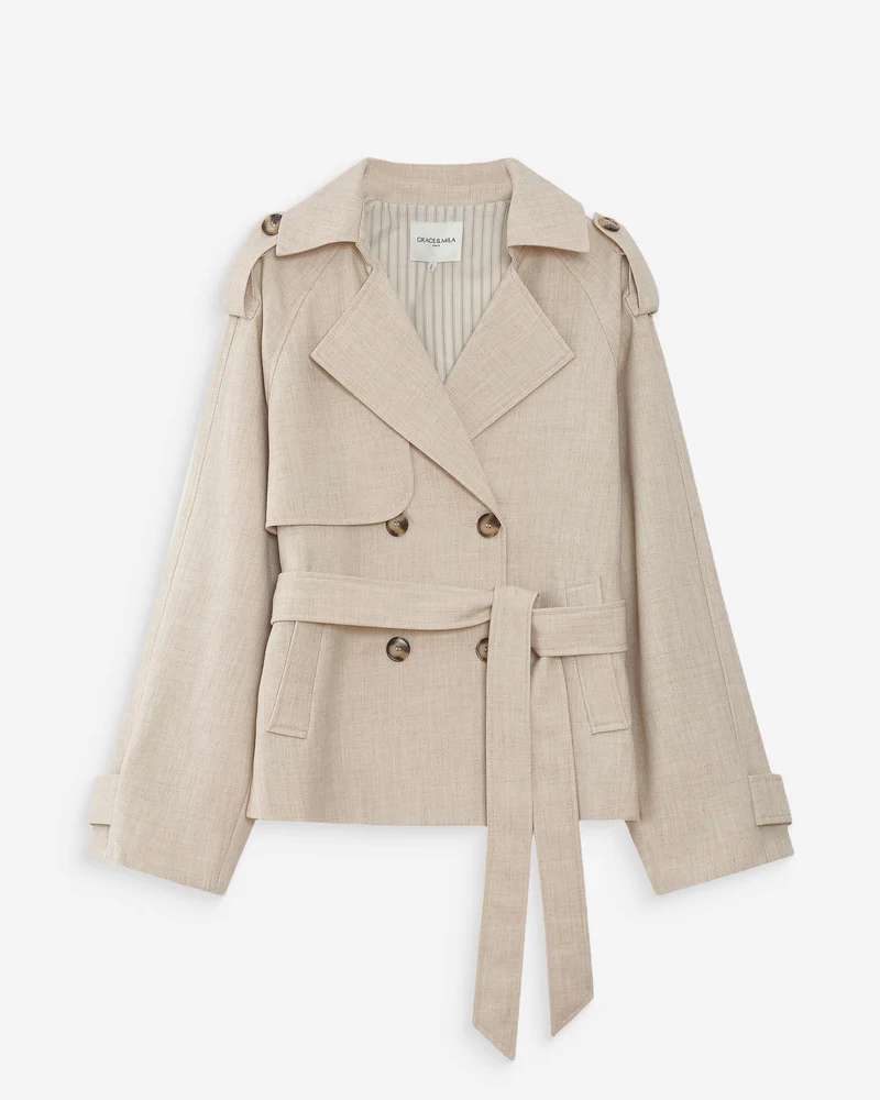 Trench-coat court ceinturé col à revers sable Vogue