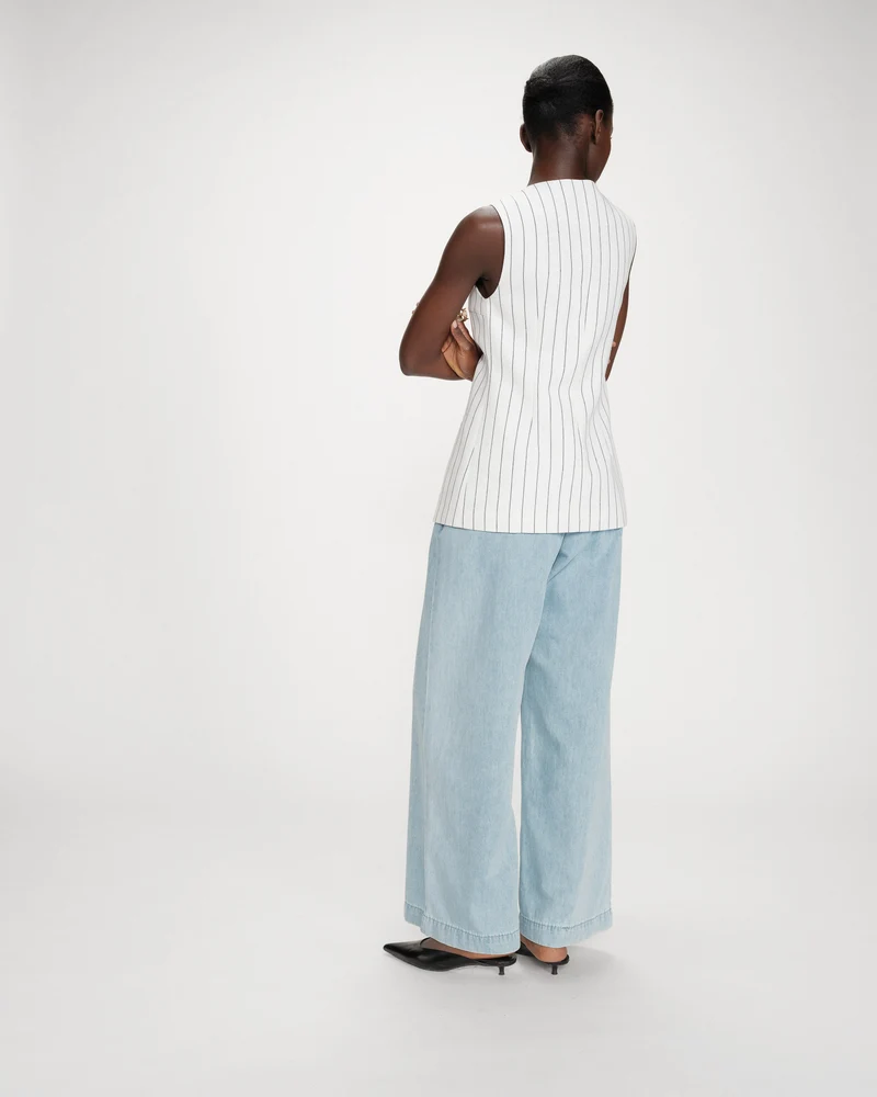 Gilet rayé en lin sans manches col carré boutonné white Vic