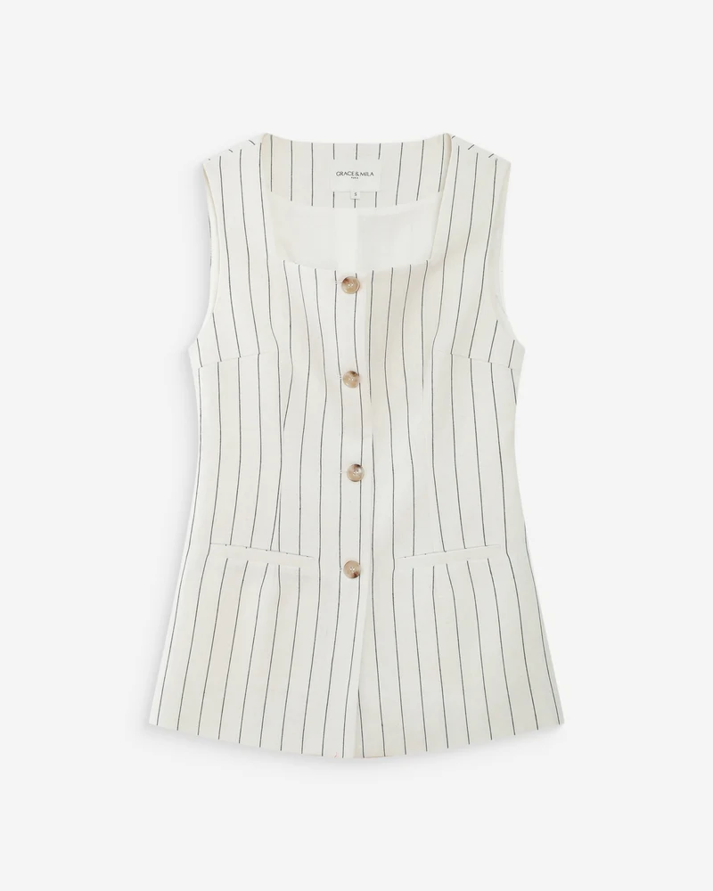 Gilet rayé en lin sans manches col carré boutonné white Vic