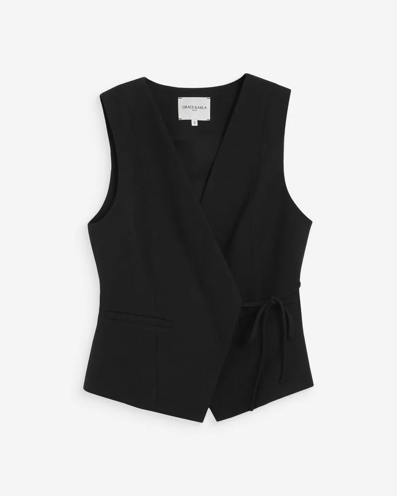 Gilet croisé à nouer sans manches cintré noir Vilmont