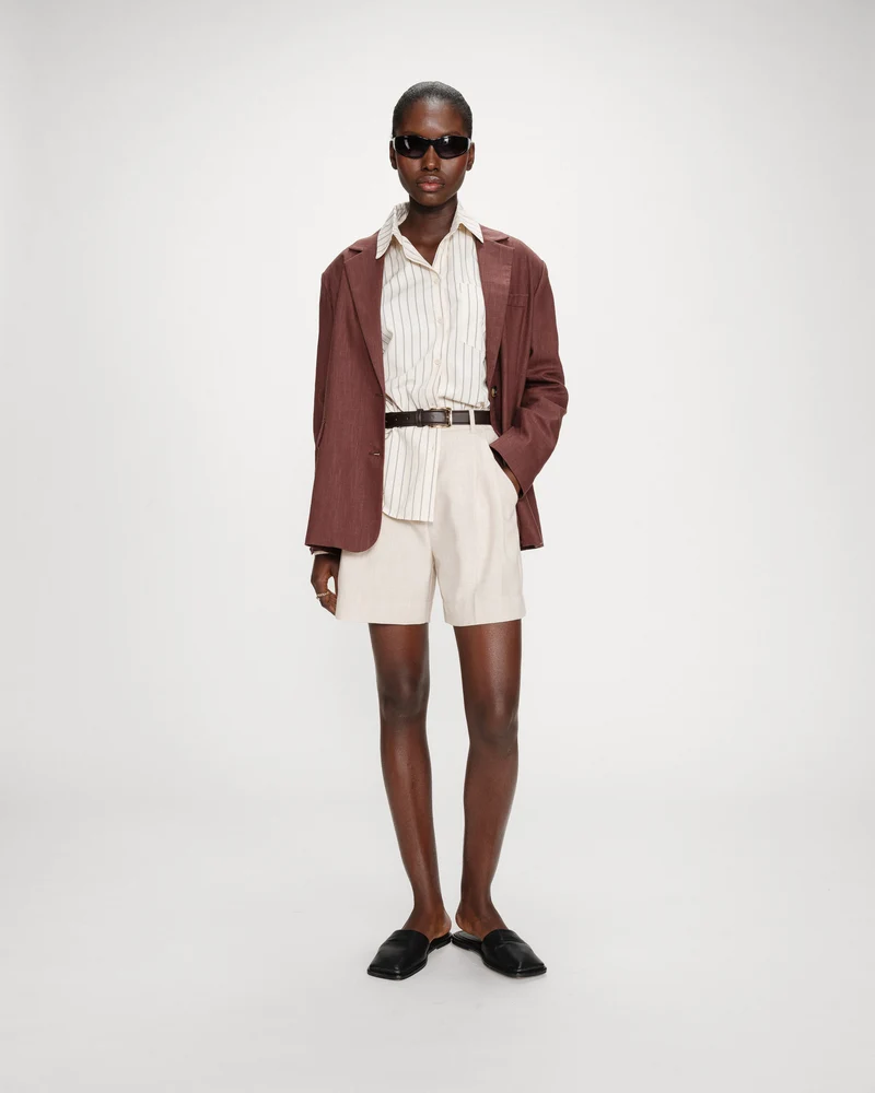 Blazer droit en lin et coton boutonné chocolat Velize