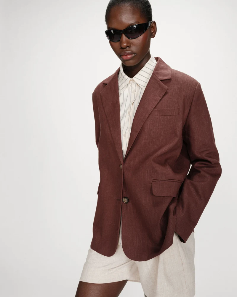 Blazer droit en lin et coton boutonné chocolat Velize