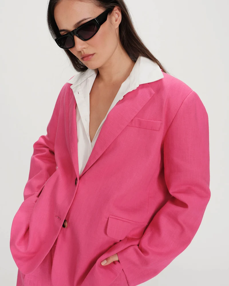 Blazer droit en lin et coton boutonné fuchsia Velize