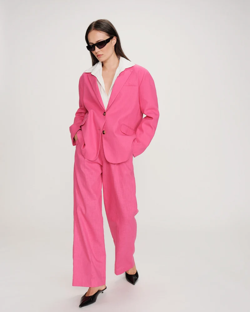 Blazer droit en lin et coton boutonné fuchsia Velize