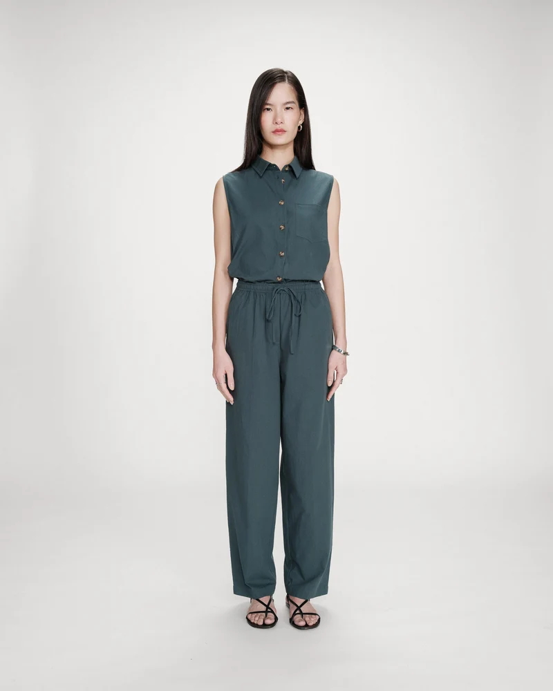 Pantalon droit en coton taille ajustable à cordon emeraude Rhode