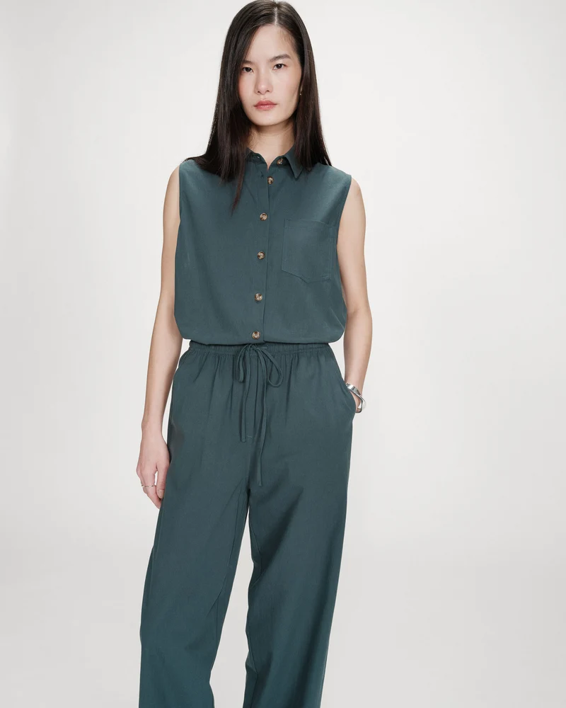 Pantalon droit en coton taille ajustable à cordon emeraude Rhode