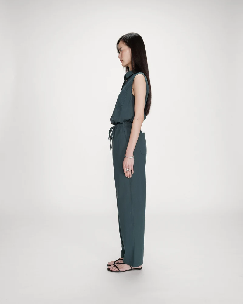 Pantalon droit en coton taille ajustable à cordon emeraude Rhode