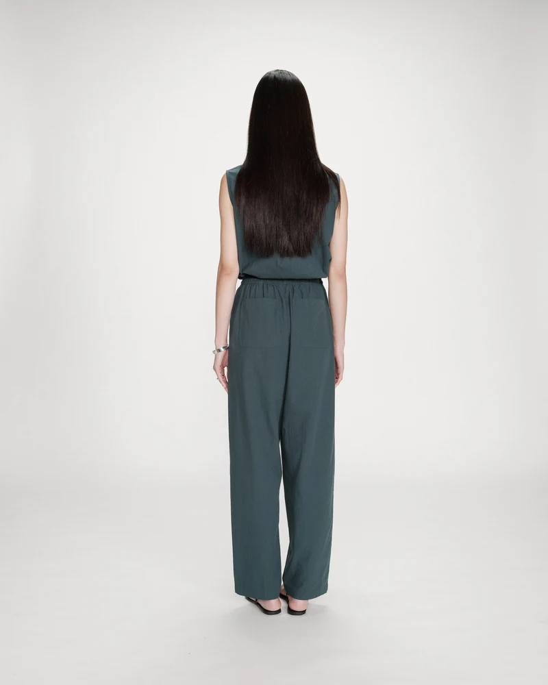 Pantalon droit en coton taille ajustable à cordon emeraude Rhode