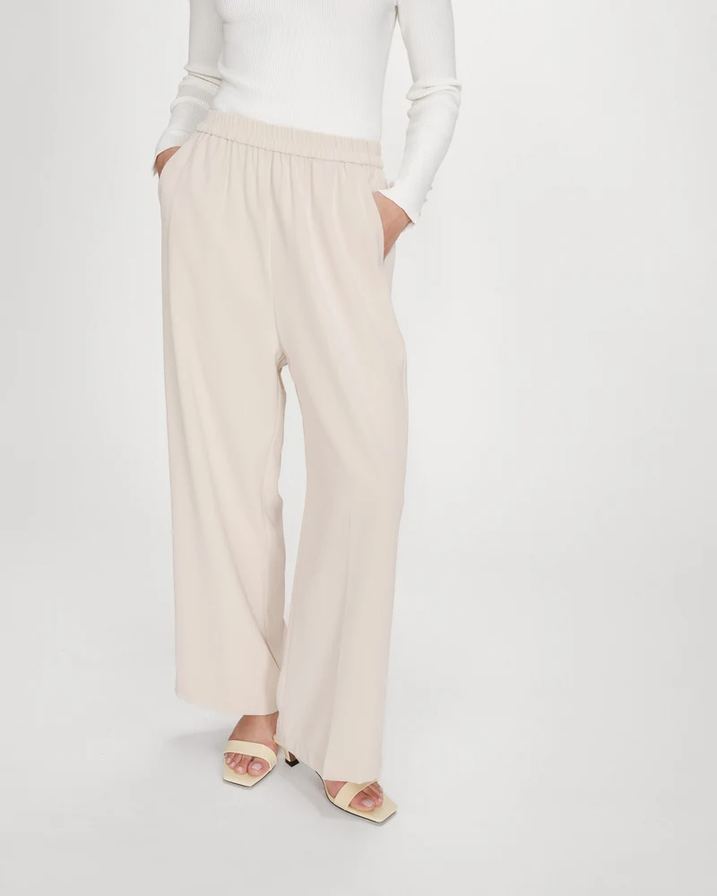 Pantalon fluide jambe large taille mi-haute ecru Noblesse