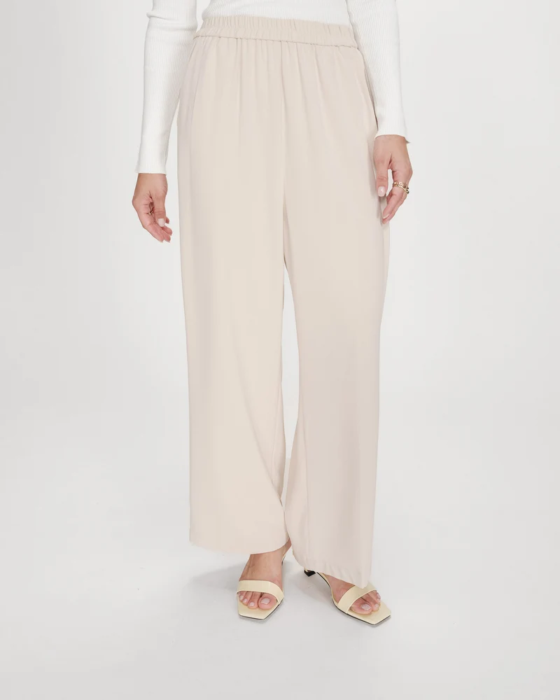 Pantalon fluide jambe large taille mi-haute ecru Noblesse